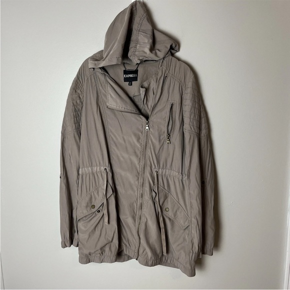 Express Women’s Utility Jacket Size Medium Tan Brown Hooded Full Zip Pockets - Picture 2 of 6